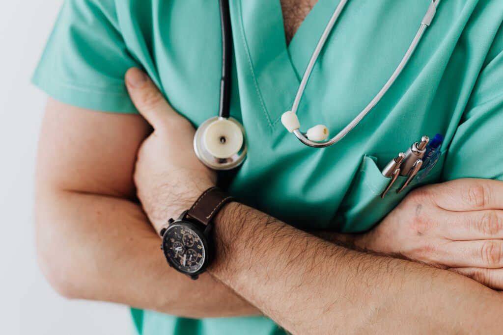 Closeup of a veterinarian in scrubs